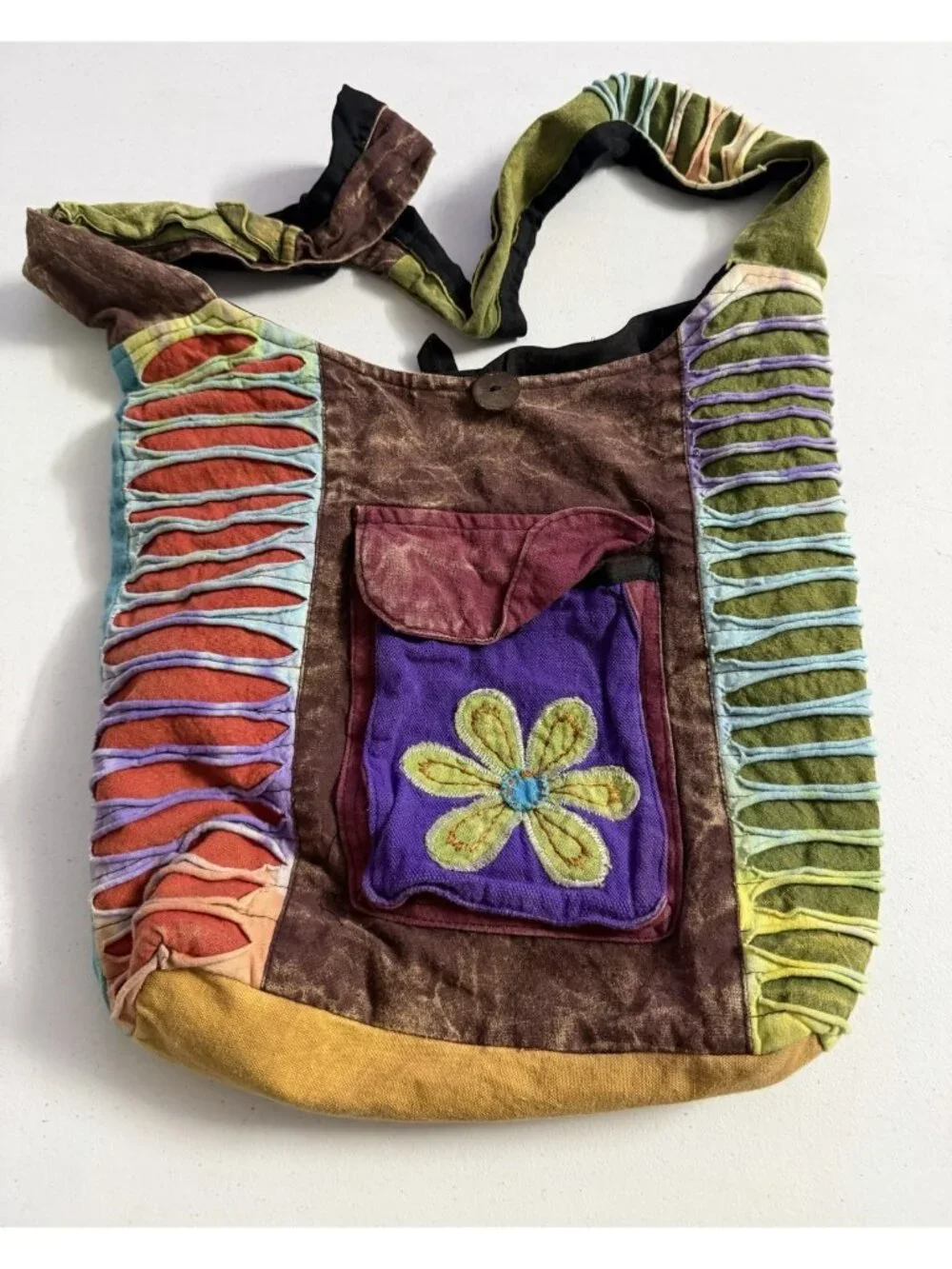 Boho Patchwork Shoulder Bag Crossbody Satchel Multicolor Full Zipper Button